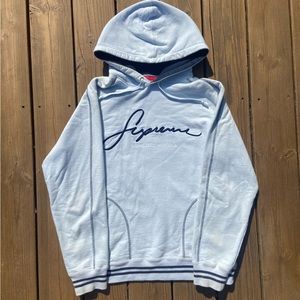 Light Blue Supreme embroidered logo hoodie